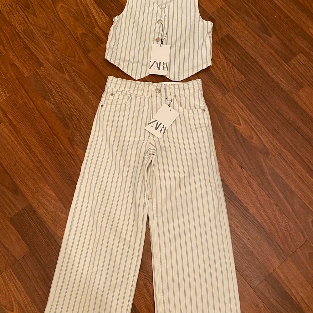 Zara Striped White and Blue Vest and Pants Set new size 7/8